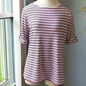 TOMMY‎ HILFIGER, red, blCk & white striped shirt. Short sleeves. Size medium.